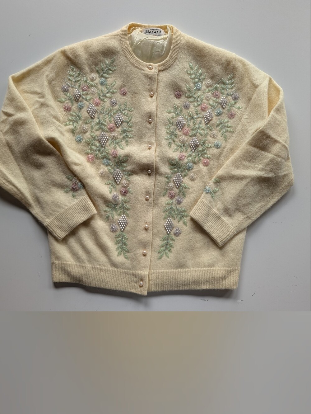 1950s Lambswool Angora Butter Yellow Beaded Cardigan Pearl Buttons